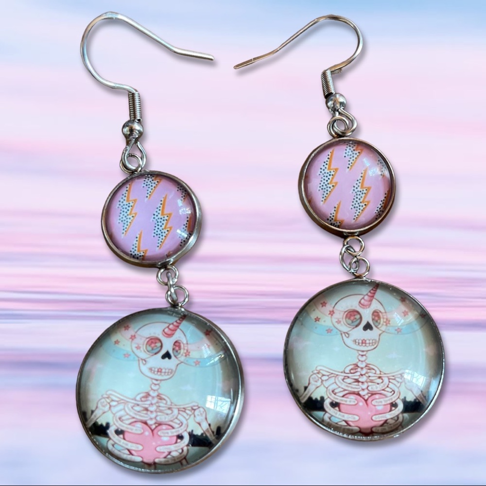 Pastel Skeleton and Lightning Bolt Dangling Earrings